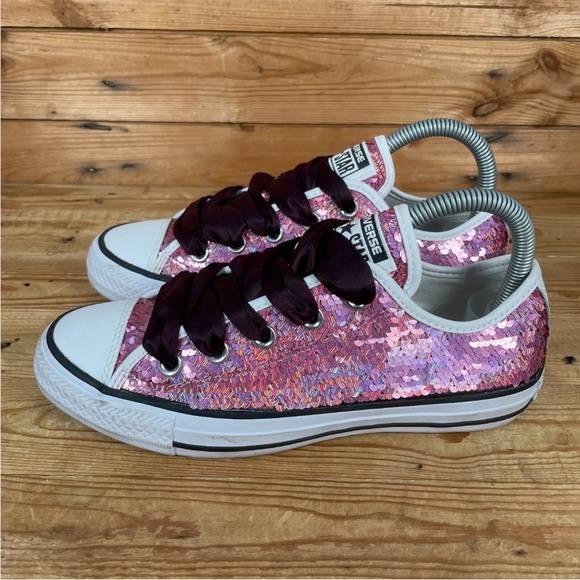 CONVERSE All Star Trainers Size UK 4 Womens Pink Sequin Glitter Lace Up Shoes - Picture 7 of 13